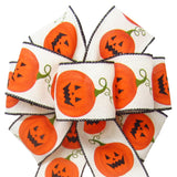 Halloween Pumpkin Bows - Wired Halloween Pumpkins on Ivory Bow (2.5"ribbon~8"Wx16"L)