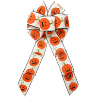 Halloween Wreath Bows - Wired Halloween Pumpkins on Ivory Bow (2.5"ribbon~8"Wx16"L)