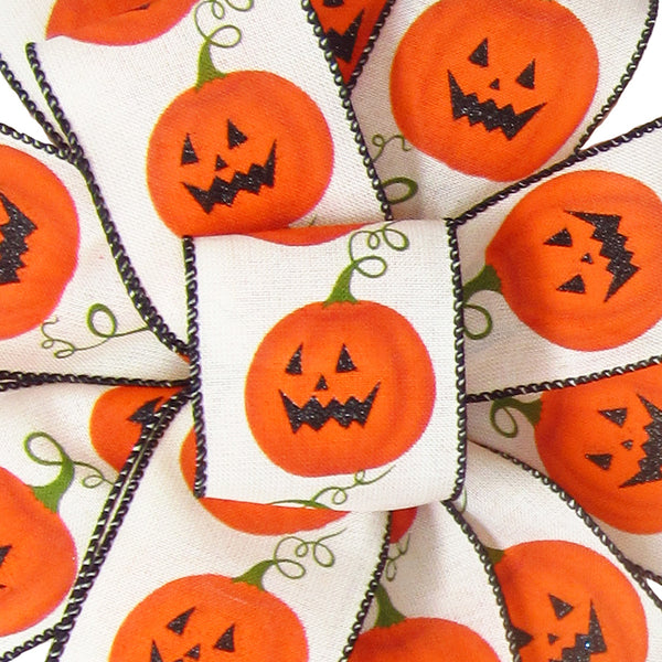 Wired Halloween Ribbon - Wired Halloween Pumpkins on Ivory Ribbon (#40-2.5"Wx10Yards)