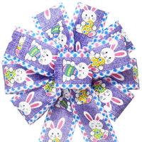 Easter Bows - Wired Happy Bunnies & Easter Eggs Lavender Bow (2.5"ribbon~10"Wx20"L)