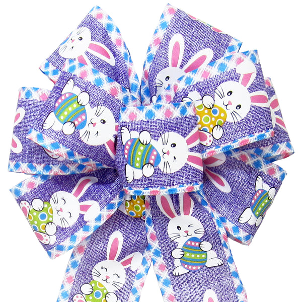 Easter Bows - Wired Happy Bunnies & Easter Eggs Lavender Bow (2.5"ribbon~8"Wx16"L)