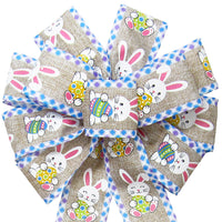 Easter Bunny Ribbon - Wired Happy Bunnies & Easter Eggs Natural Bow (2.5"ribbon~10"Wx20"L)