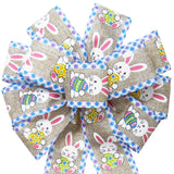 Easter Ribbon - Wired Happy Bunnies & Easter Eggs Natural Bow (2.5"ribbon~10"Wx20"L)