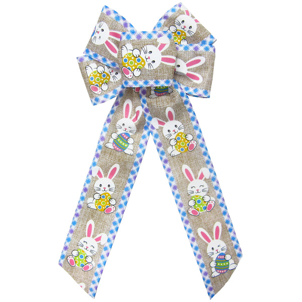 Spring Bows - Easter Bows - Wired Easter Bunnies & Eggs Natural Bow 8