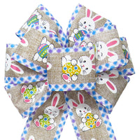 Easter Wreath Bows - Copy of Wired Happy Bunnies & Easter Eggs Natural Bow (2.5"ribbon~8"Wx16"L)