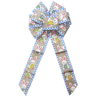 Easter Basket Bows - Copy of Wired Happy Bunnies & Easter Eggs Natural Bow (2.5"ribbon~8"Wx16"L)