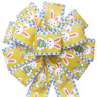 Wired Easter Bows - Wired Happy Bunnies & Easter Eggs Yellow Bow (2.5"ribbon~10"Wx20"L)