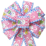 Easter Bows - Wired Happy Bunnies & Easter Eggs Pink Bow (2.5"ribbon~10"Wx20"L)