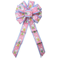 Wired Easter Bows - Wired Happy Bunnies & Easter Eggs Pink Bow (2.5"ribbon~10"Wx20"L)