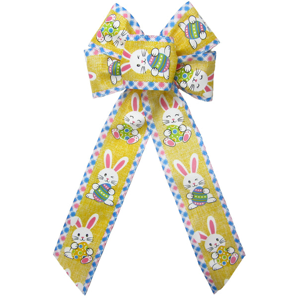 Easter Bows - Wired Happy Bunnies & Easter Eggs Yellow Bow (2.5"ribbon~6"Wx10"L)