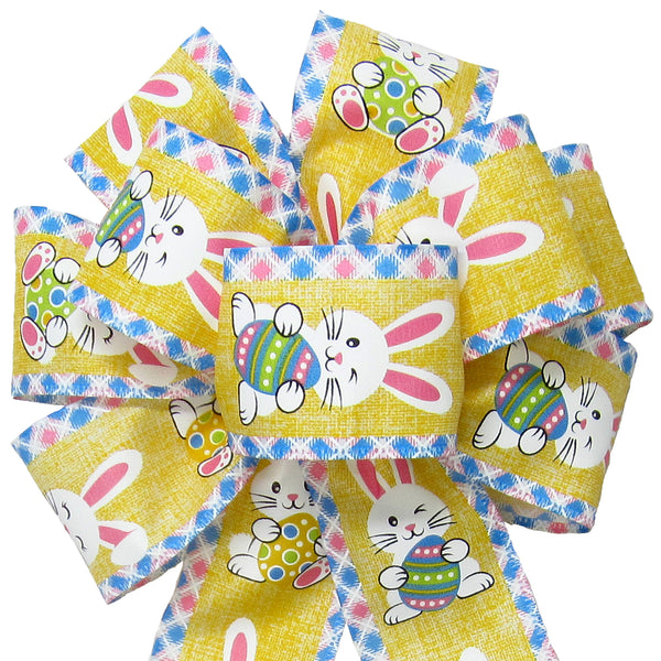 Easter Bows - Wired Happy Bunnies & Easter Eggs Yellow Bow (2.5"ribbon~8"Wx16"L)