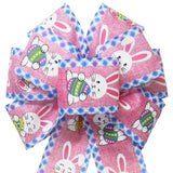 Easter Wreath Bows - Wired Happy Bunnies & Easter Eggs Pink Bow (2.5"ribbon~8"Wx16"L)