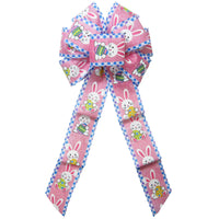 Wired Easter Bows - Wired Happy Bunnies & Easter Eggs Pink Bow (2.5"ribbon~8"Wx16"L)