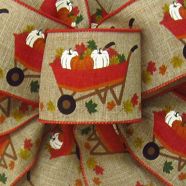 Wired Fall Ribbon - Wired Harvest Cart of Pumpkins Ribbon (#40-2.5"Wx10Yards)
