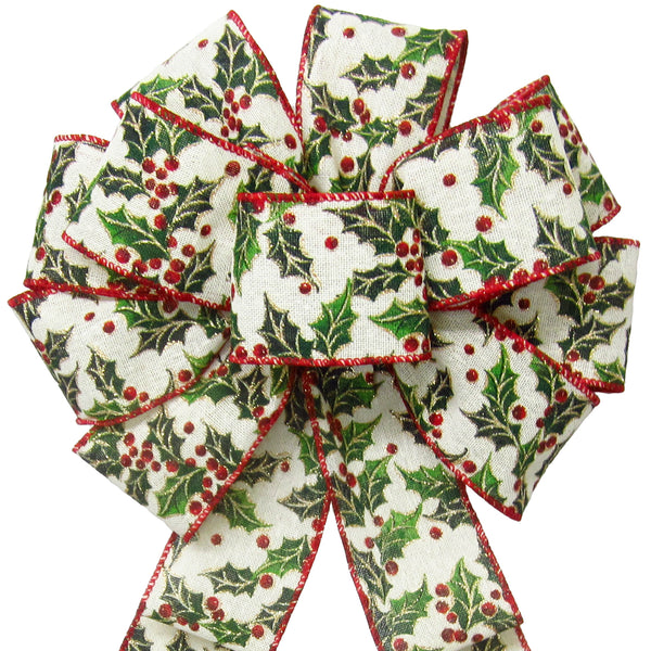 Christmas Bows - Wired Holly Berries on Ivory Canvas Bow (2.5"ribbon~10"Wx20"L)