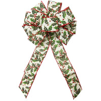 Christmas Wreath Bows - Wired Holly Berries on Ivory Canvas Bow (2.5"ribbon~10"Wx20"L)