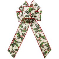Christmas Wreath Bows - Wired Holly Berries on Ivory Canvas Bow (2.5"ribbon~6"Wx10"L)