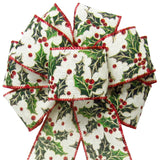 Christmas Bows - Wired Holly Berries on Ivory Canvas Bow (2.5"ribbon~8"Wx16"L)