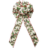 Christmas Wreath Bows - Wired Holly Berries on Ivory Canvas Bow (2.5"ribbon~8"Wx16"L)