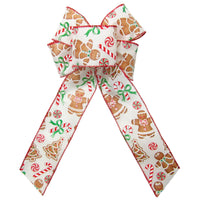 Christmas Wreath Bows - Wired Iced Gingerbread & Candy Canes Bow (2.5"ribbon~6"Wx10"L)