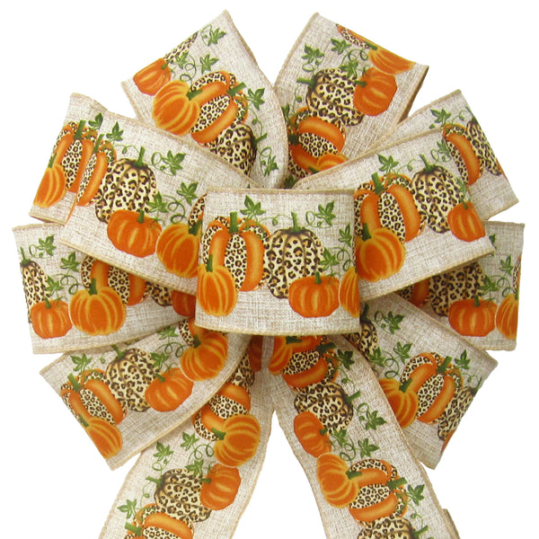 Autumn Bows - Wired Orange Pumpkins Cheetah Natural Bows (2.5"ribbon~10"Wx20"L)