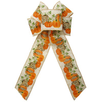 Fall Bows - Wired Orange Pumpkins Cheetah Natural Bows (2.5"ribbon~6"Wx10"L)