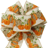 Fall Bows - Wired Orange Pumpkins Cheetah Natural Bows (2.5"ribbon~8"Wx16"L)