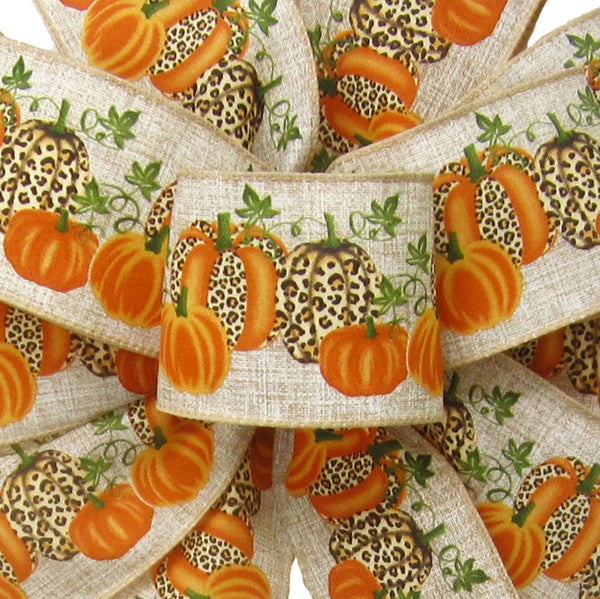 Wired Fall Ribbon - Wired Orange Pumpkins Cheetah Ribbon (#40-2.5"Wx10Yards)