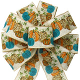 Fall Bows - Wired Teal Pumpkins Cheetah Natural Bows (2.5"ribbon~10"Wx20"L)
