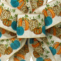 Wired Fall Ribbon - Wired Teal Pumpkins Cheetah Ribbon (#40-2.5"Wx10Yards)