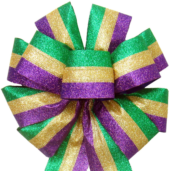 Mardi Gras Bows - Wired Mardi Gras Glitter Stripes Bow (2.5"ribbon~10"Wx20"L)