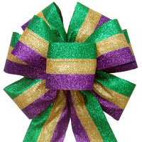 Mardi Gras Bows - Wired Mardi Gras Glitter Stripes Bow (2.5"ribbon~8"Wx16"L)