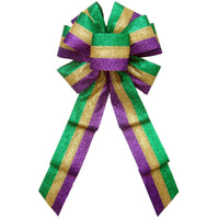 Mardi Gras Wreath Bows - Wired Mardi Gras Glitter Stripes Bow (2.5"ribbon~8"Wx16"L)