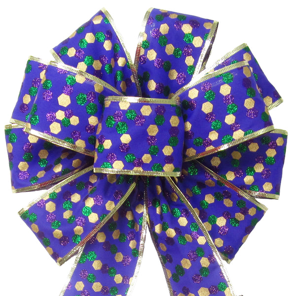 Mardi Gras Bows - Wired Mardi Gras Hexagon Glitter Dots Bow (2.5"ribbon~10"Wx20"L)