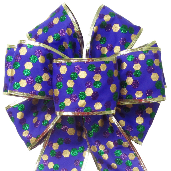 Mardi Gras Bows - Wired Mardi Gras Hexagon Glitter Dots Bow (2.5"ribbon~8"Wx16"L)