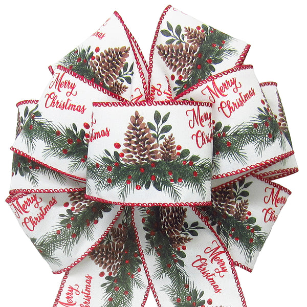 Christmas Bows - Wired Merry Christmas Pinecone Mantle Swag Bow (2.5"ribbon~8"Wx16"L)