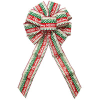 Wired Wreath Bows - Wired Red & Green Stripes Merry Christmas Bow (2.5"ribbon~10"Wx20"L)