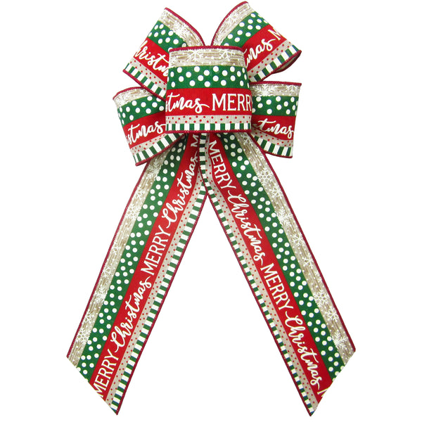 Wired Christmas Bows - Wired Red & Green Stripes Merry Christmas Bow (2.5"ribbon~6"Wx10"L)