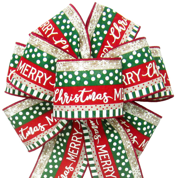 Wired Christmas Bows - Wired Red & Green Stripes Merry Christmas Bow (2.5"ribbon~8"Wx16"L)