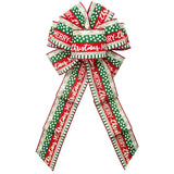 Wired Wreath Bows - Wired Red & Green Stripes Merry Christmas Bow (2.5"ribbon~8"Wx16"L)