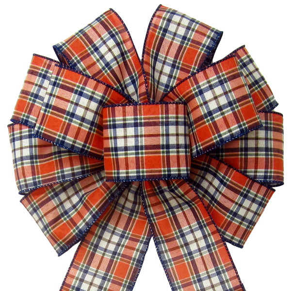 Fall Wreath Bows - Wired Navy Orange Moss Plaid Linen Bows (2.5"ribbon~10"Wx20"L)