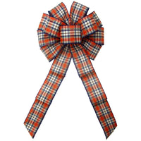 Fall Bows - Wired Navy Orange Moss Plaid Linen Bows (2.5"ribbon~10"Wx20"L)