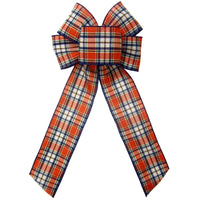 Fall Bows - Wired Navy Orange Moss Plaid Linen Bows (2.5"ribbon~6"Wx10"L)