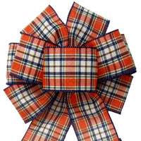 Fall Bows - Wired Navy Orange Moss Plaid Linen Bows (2.5"ribbon~8"Wx16"L)