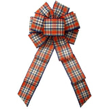 Fall Wreath Bows - Wired Navy Orange Moss Plaid Linen Bows (2.5"ribbon~8"Wx16"L)