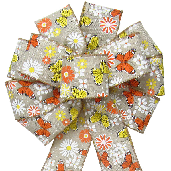 Wired Easter Bows - Wired Butterflies & Daisies Natural Bow (2.5"ribbon~10"Wx20"L)