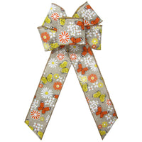 Wired Floral Bows - Wired Butterflies & Daisies Natural Bow (2.5"ribbon~6"Wx10"L)