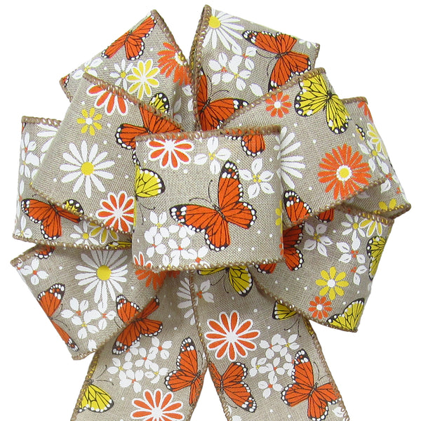 Wired Floral Bows - Wired Butterflies & Daisies Natural Bow (2.5"ribbon~10"Wx20"L)