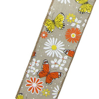Spring Linen Ribbon - Wired Butterflies & Daisies Natural Ribbon (#40-2.5"Wx10Yards)