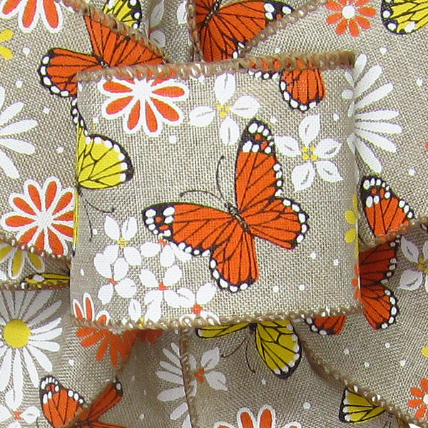 Wired Floral Ribbon - Wired Butterflies & Daisies Natural Ribbon (#40-2.5"Wx10Yards)